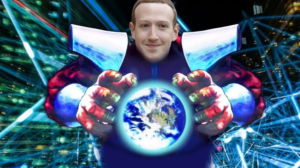 Mark Zuckerberg of Meta as M.Bison with his hands grasping the world