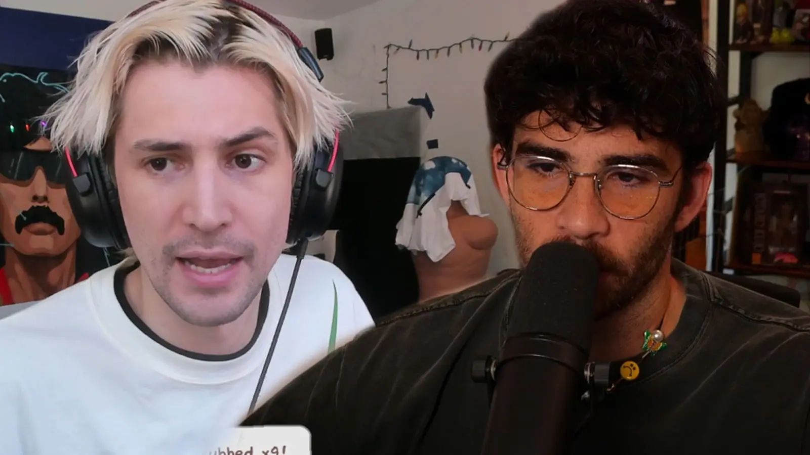 xQc wearing white t-shirt next to Hasan wearing grey t-shirt