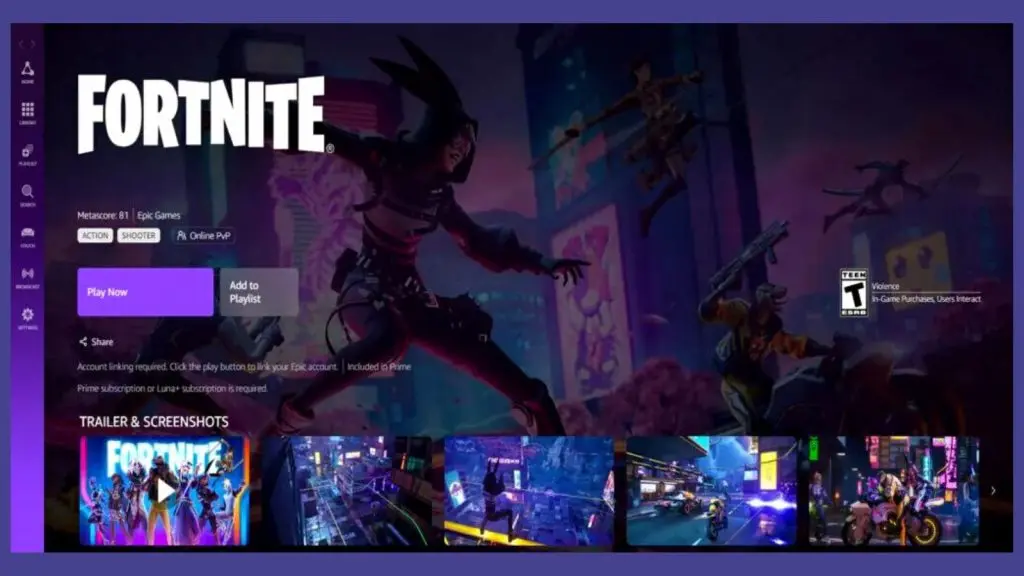 Fortnite on Amazon Luna main screen.