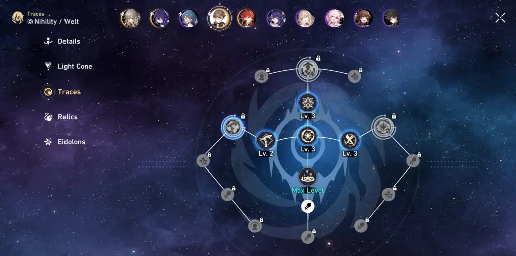 A screenshot of Welt's abilities in Honkai Star Rail