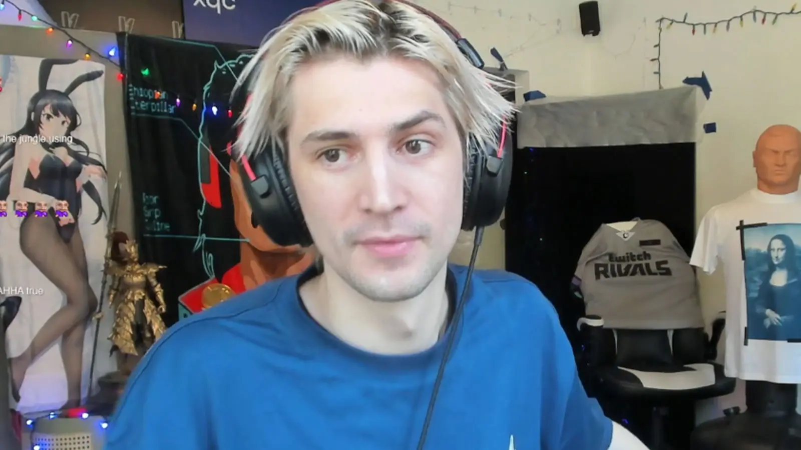 xQc wearing blue t-shirt and HyperX headset