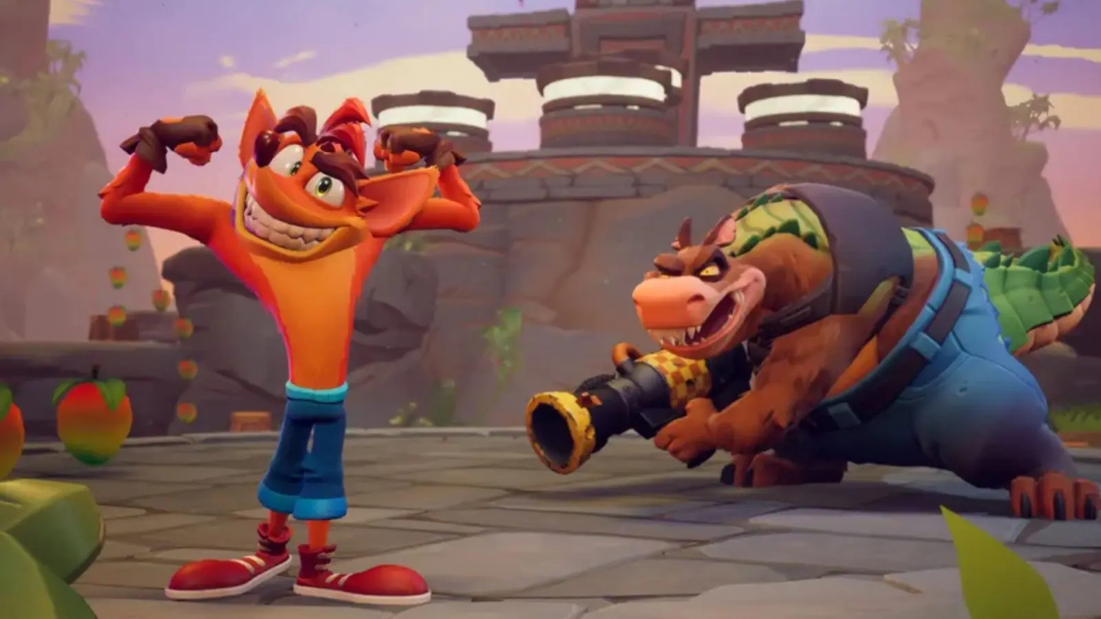 crash posing in front of dingodile in crash team rumble