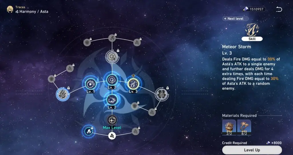 A screenshot of Asta's abilities in Honkai Star Rail