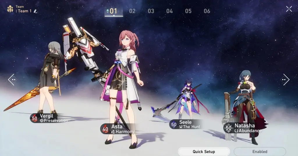 A screenshot of Asta's best team comp in Honkai Star Rail