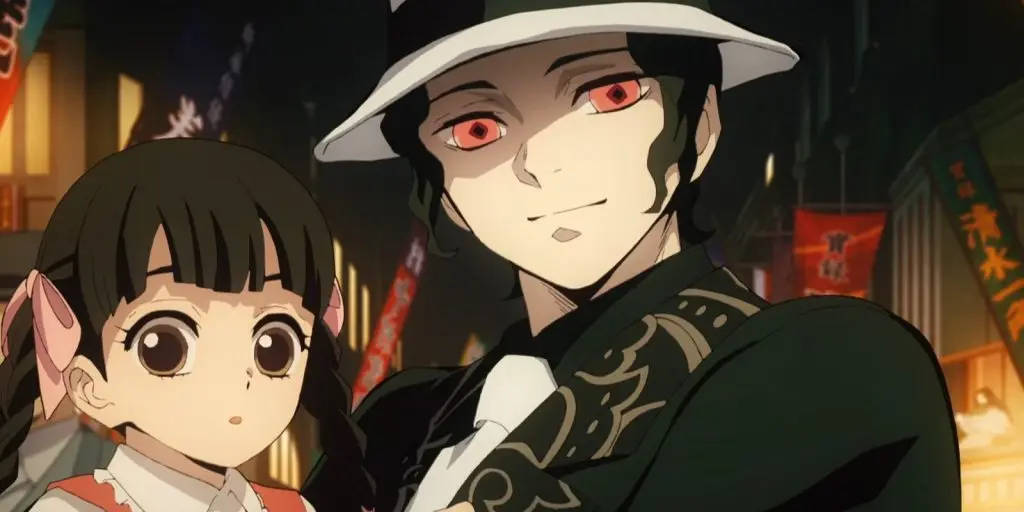 An image of Muzan with his fake daughter in Demon Slayer