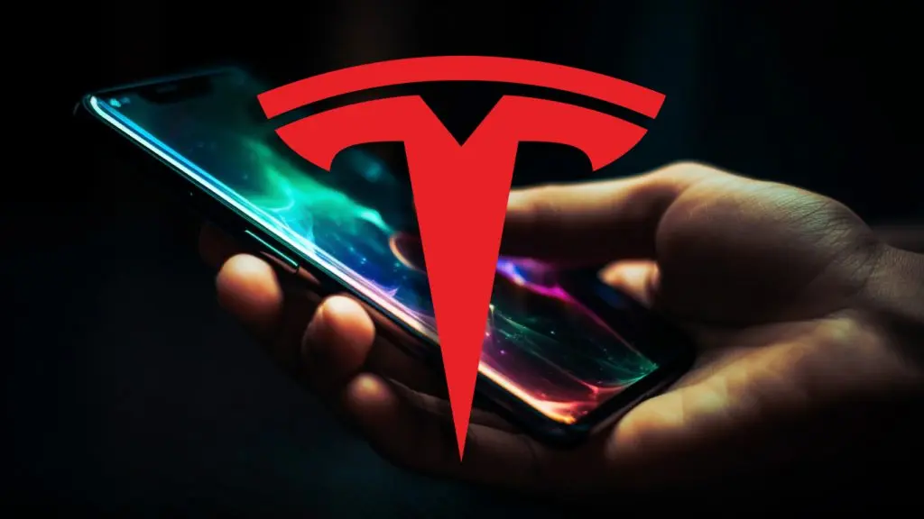 An AI-generated image of a hand using a smartphone in the background with Tesla logo at the front