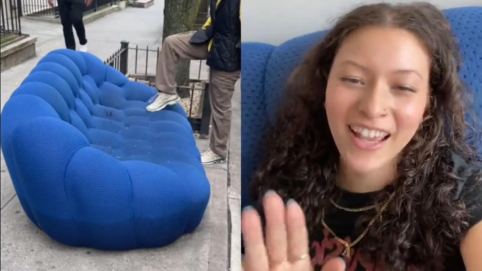 TikToker yafavv.mandaa next to viral roche bobois blue couch