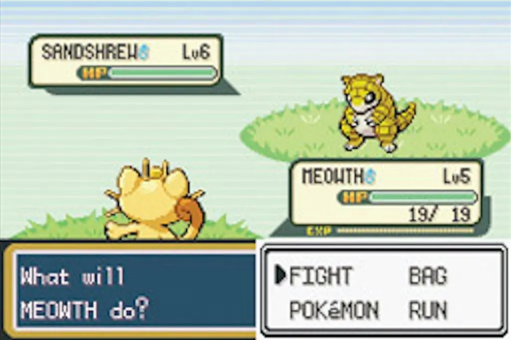 Gameplay of Pokemon FireRed & LeafGreen from official Nintendo Website, Meowth battling Sandshrew.