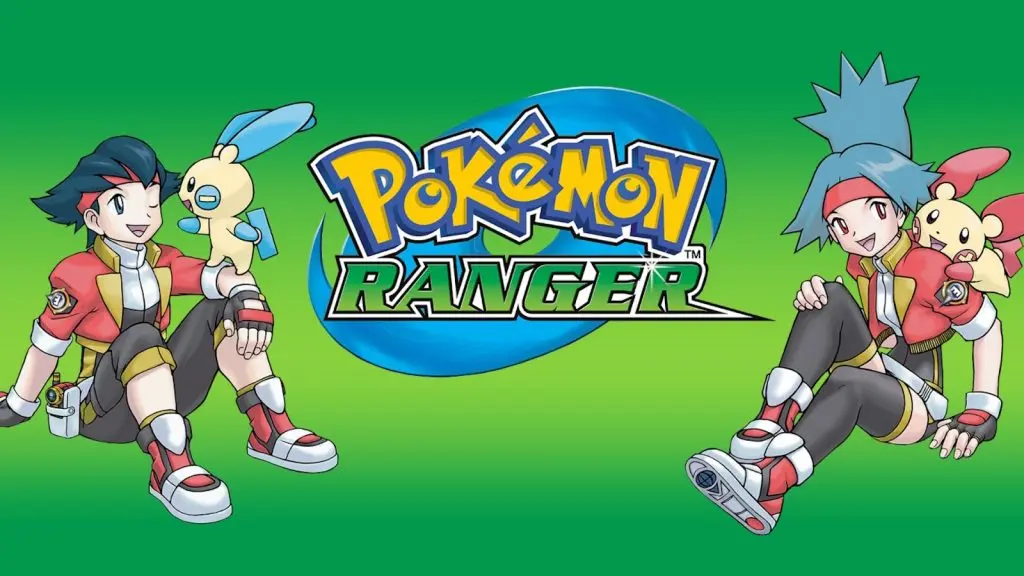 Pokemon Ranger promotional art of two ranger trainers with Plusle and Minun partners.