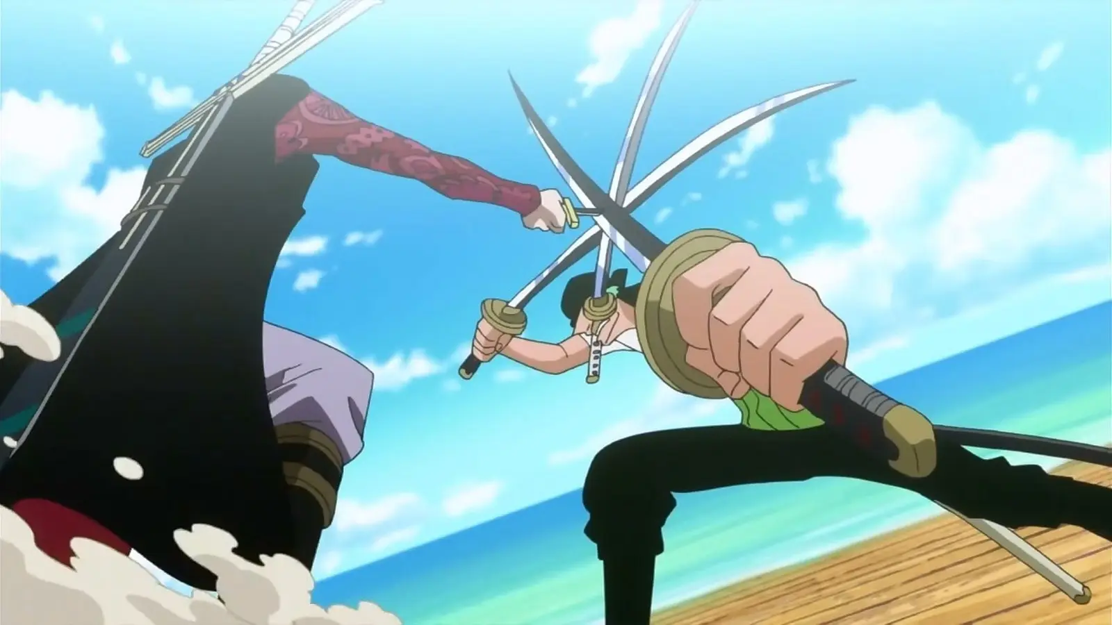 An image of Zoro using Onigiri against Mihawk