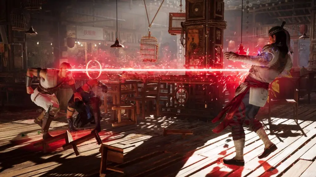 kano using laser eyes on liu kang in mortal kombat 1