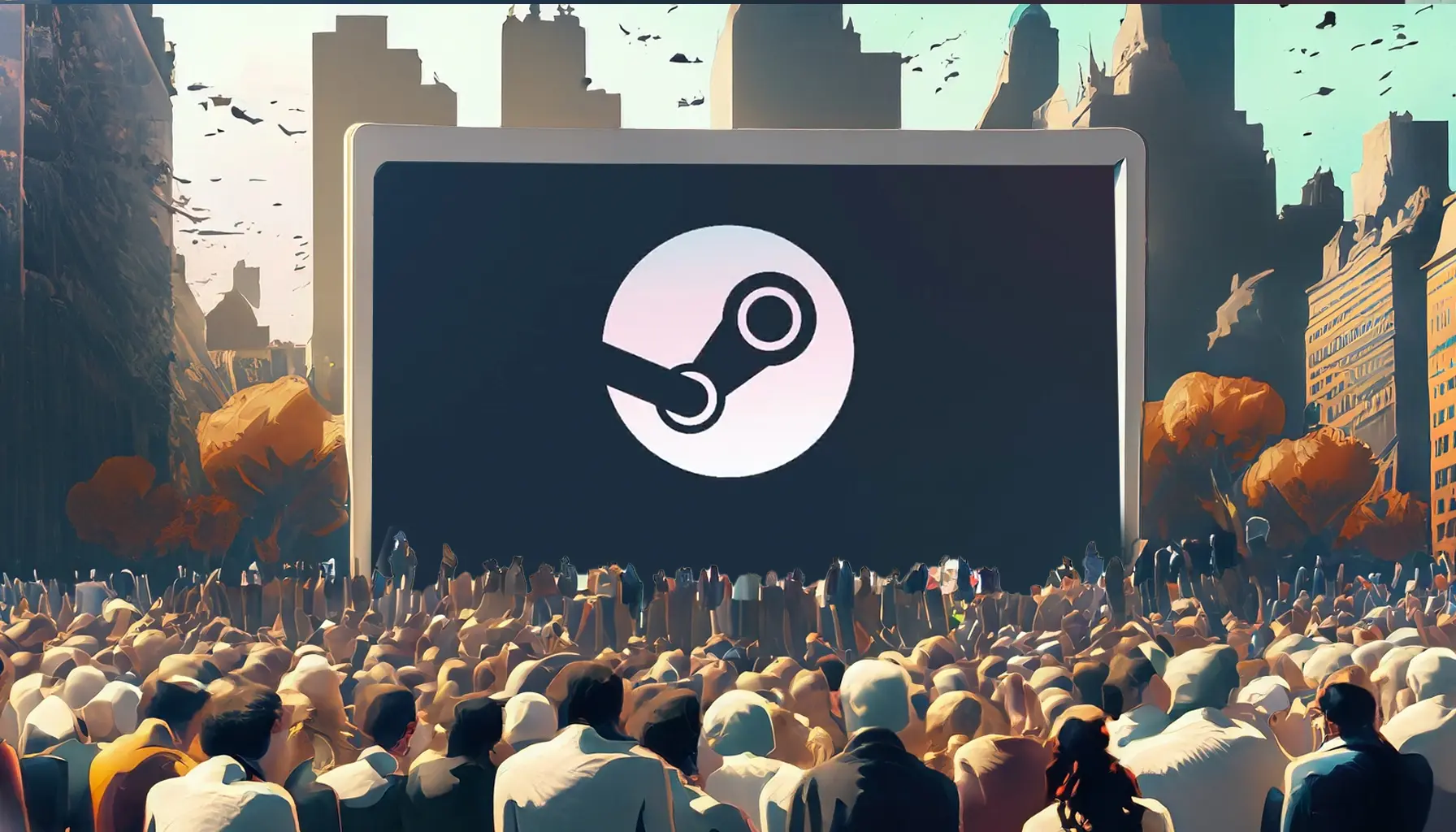 a crowd made through ai gathering around the steam logo