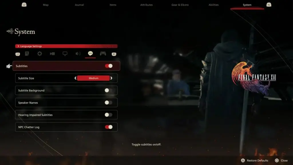 Subtitle and Hearing settings in Final Fantasy 16