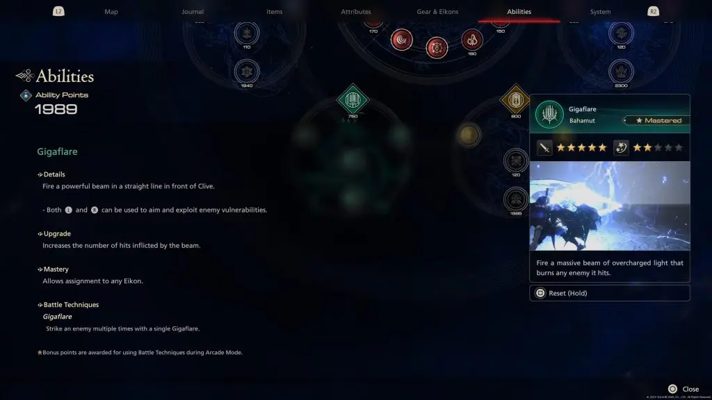 Gigaflare Details in the Final Fantasy 16 ability menu