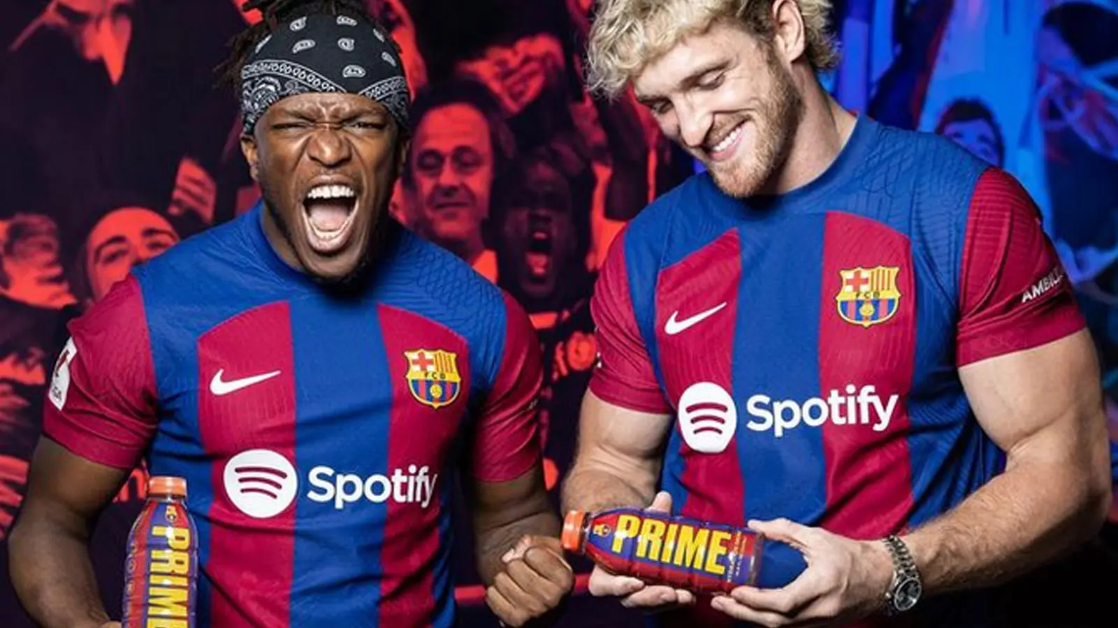 KSI and Logan Paul wearing FC Bareclona shirt while holding custom club-inspired Prime bottles