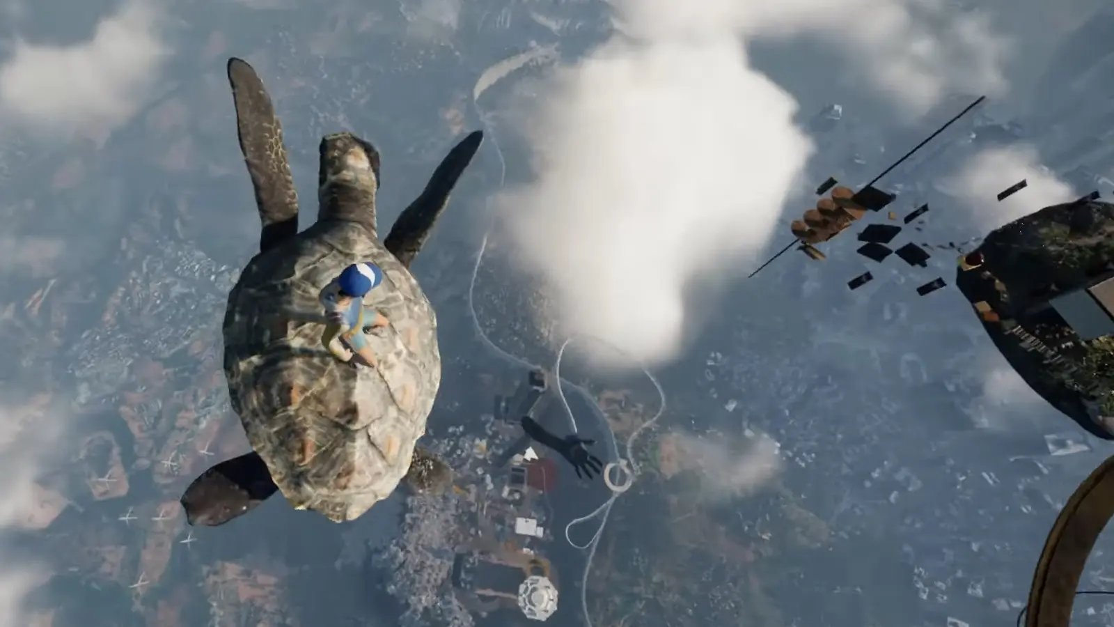 Player on turtle's back during playthrough of Only Up from trailer.