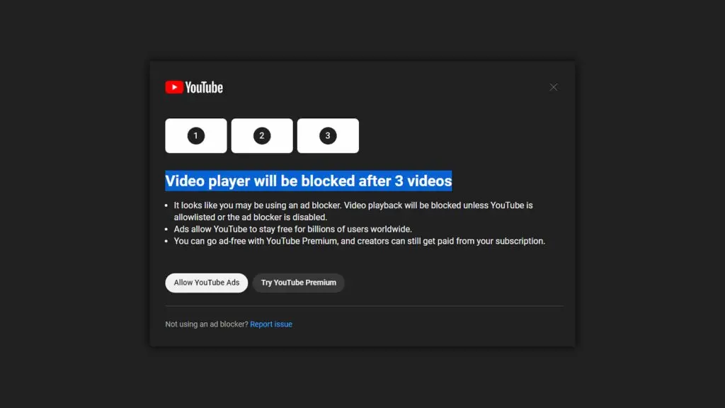 Youtube warning for ad blockers