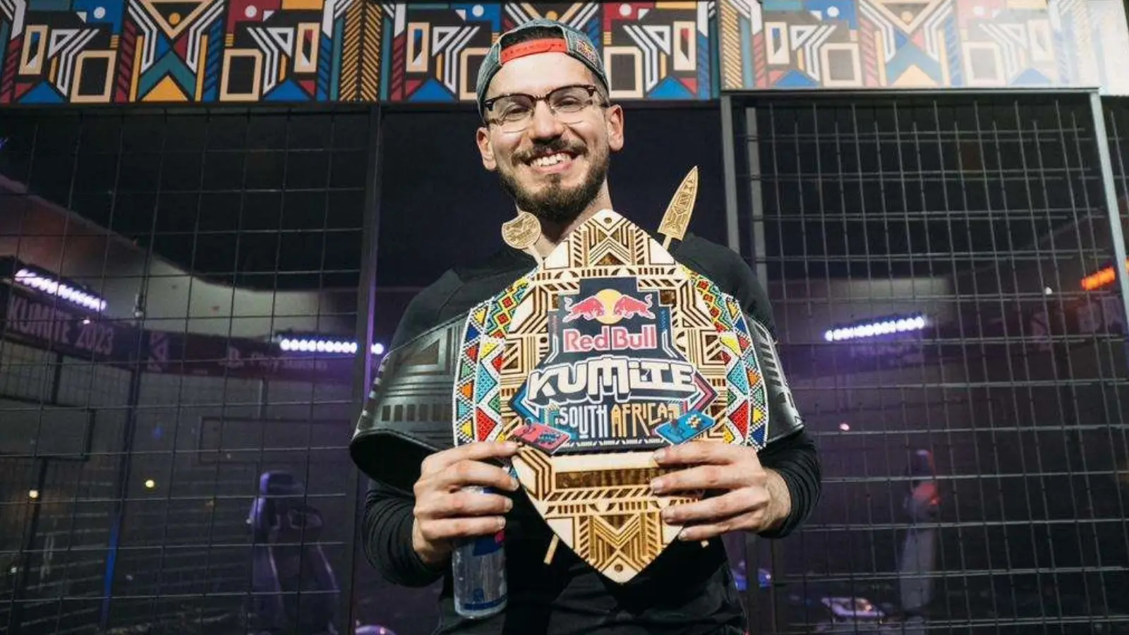 Big Bird holding the Red Bull Kumite 2023 trophy