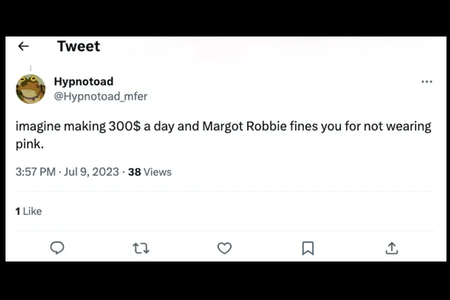 A tweet dissing Margot Robbie fining Barbie cast and crew for not wearing pink