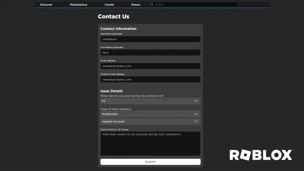 Roblox Contact Form