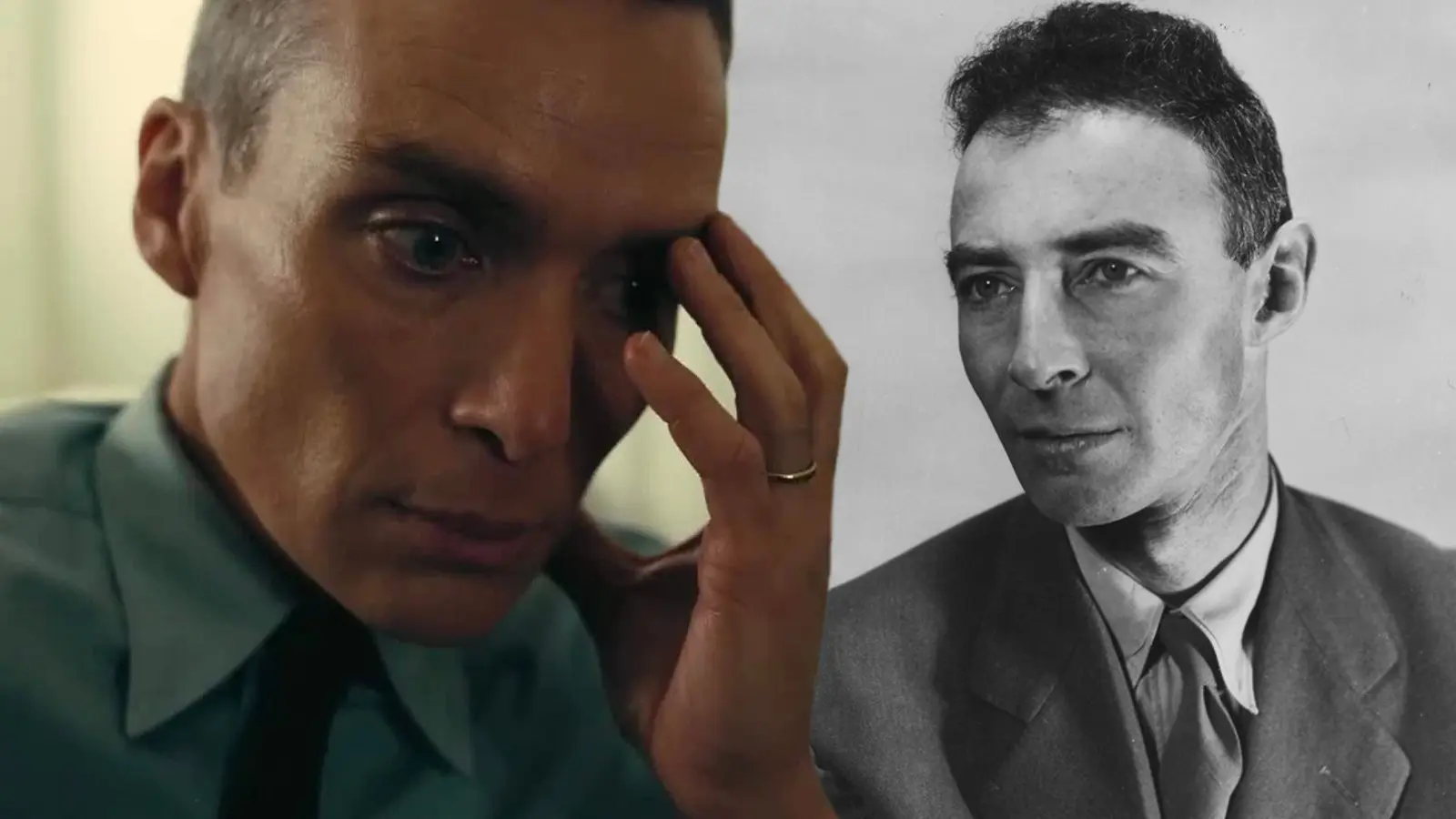 Cillian Murphy in Oppenheimer and portrait of J. Robert Oppenheimer