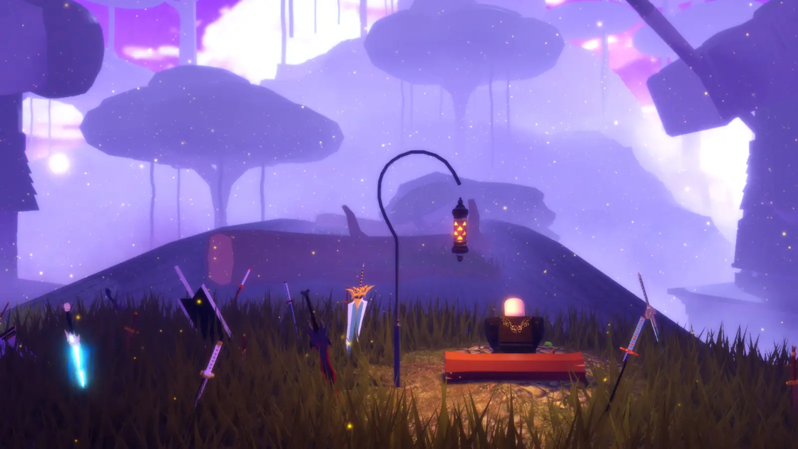 Legedn sitting beside a lamp in a forest in Legends Re:Written