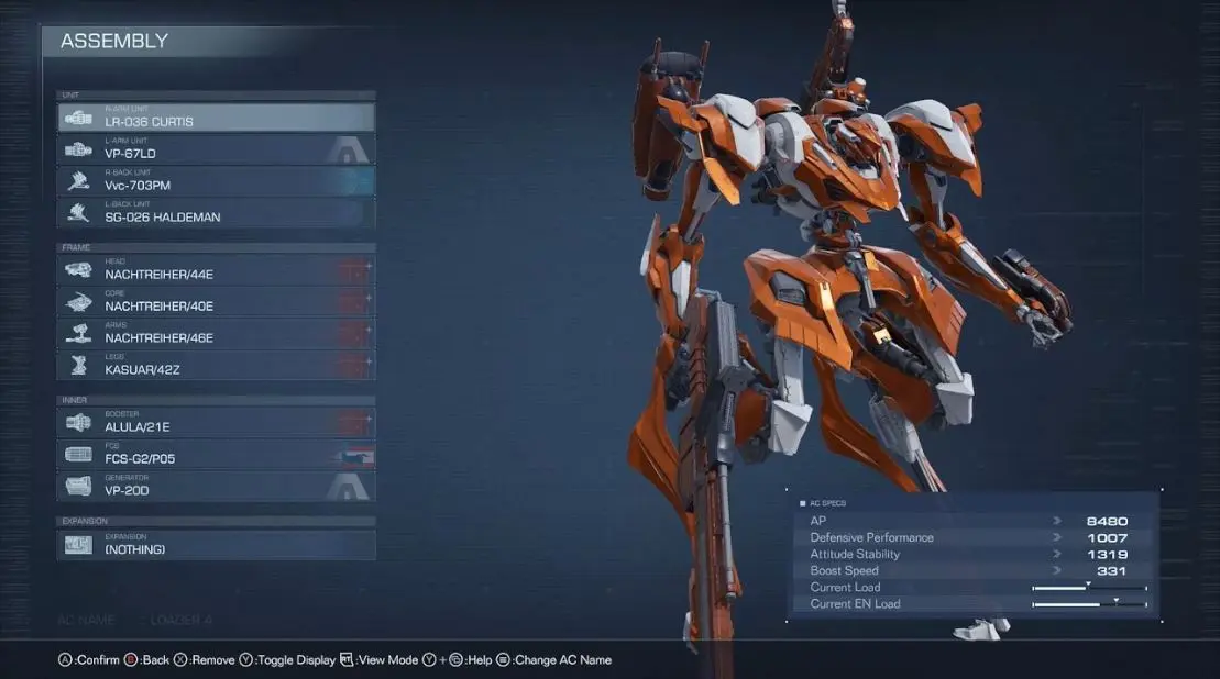 Armored Core 6 Garage Menu