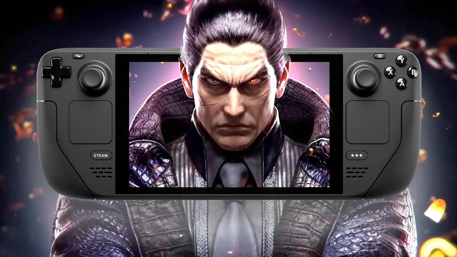 Tekken 8 character art over a Steam Deck