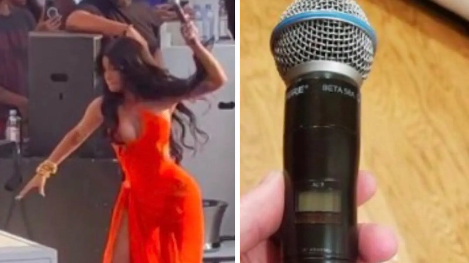 Cardi B throws a microphone at a fan for splashing the rapper with water.