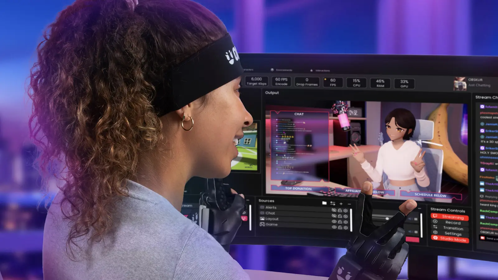 Woman in mocap gear using OBSKUR software