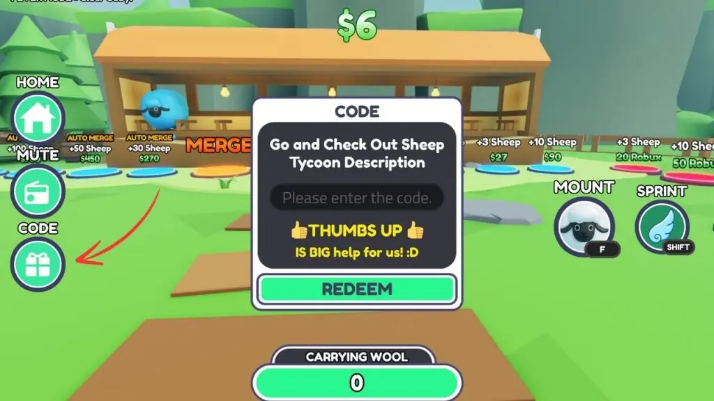 Using codes in Sheep Tycoon