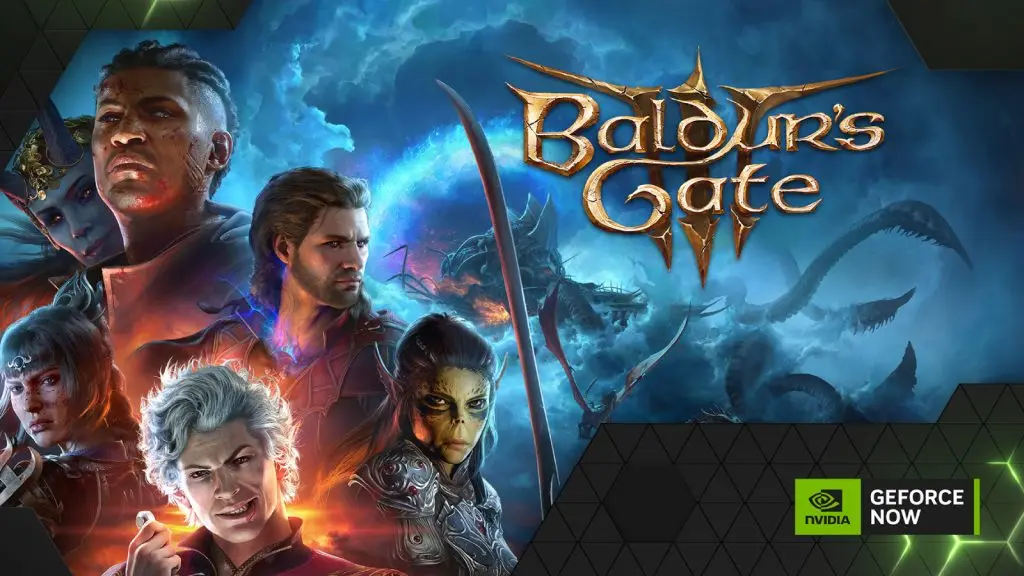 Baldur's Gate 3 key art with GeForce now logo