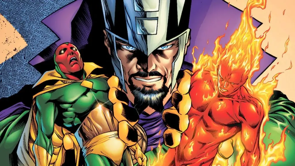 Immortus holding The Vision and Human Torch.