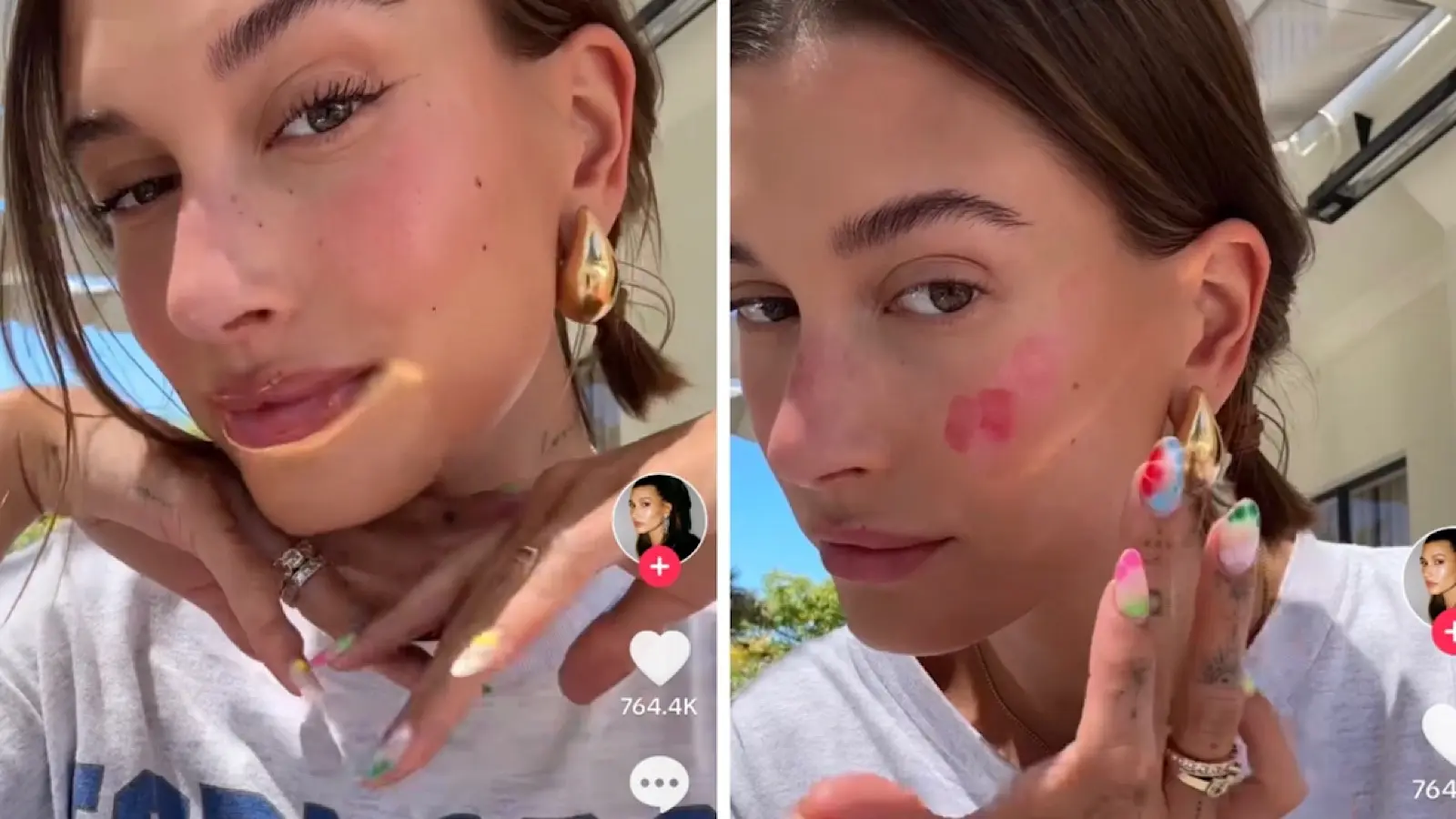 Hailey Bieber shows off her 'strawberry girl' summer makeup.