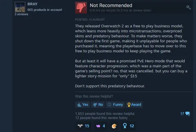 Negative steam review for Overwatch 2