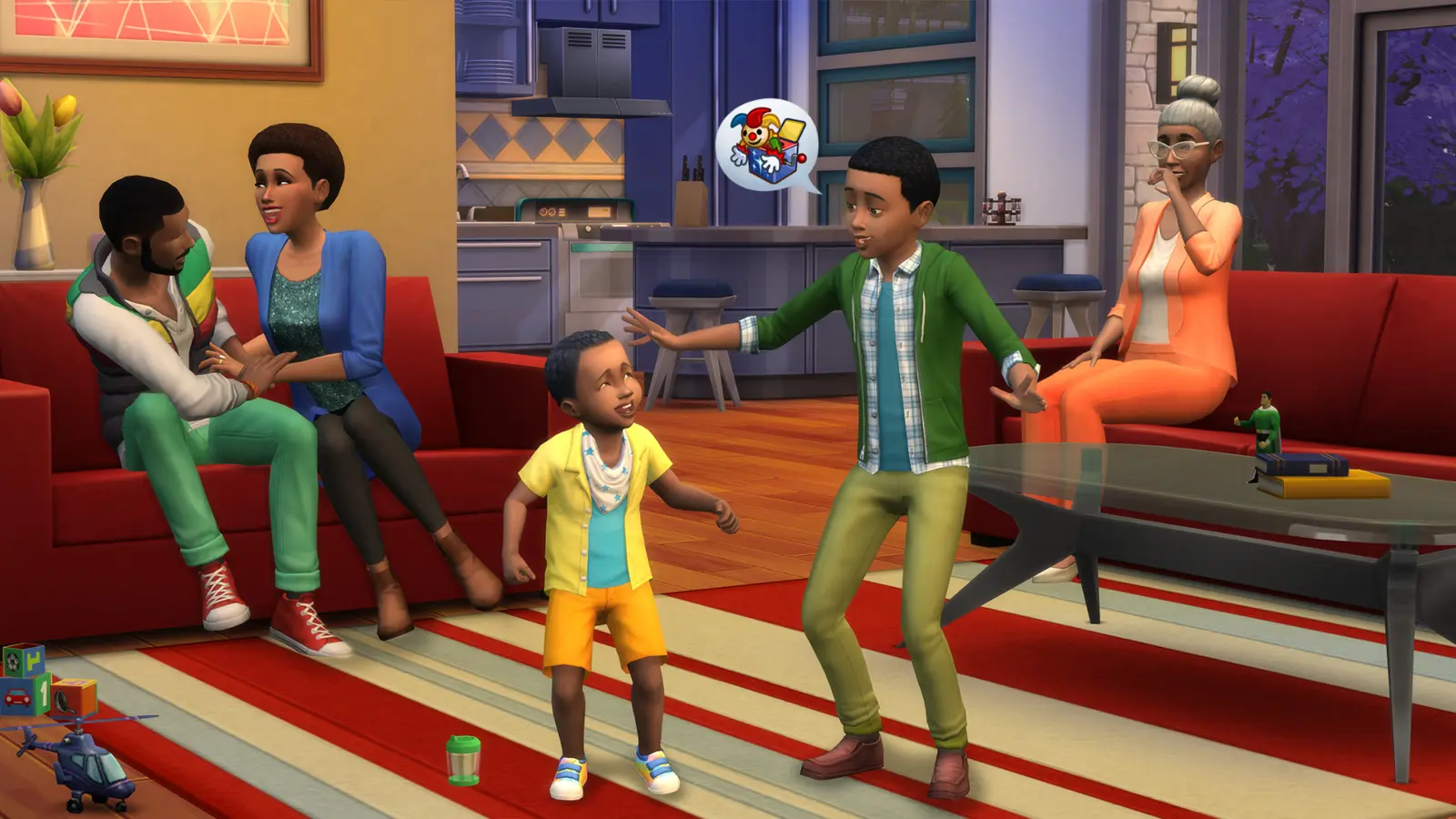 A Sims 4 screenshot featuring three generations of a family