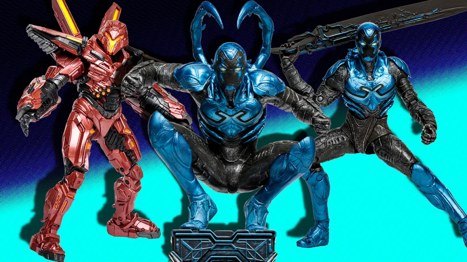 A collage of Blue Beetle figures from DC Multiverse.