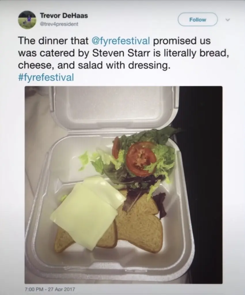 Tweet about Fyre Festival's cheese sandwich