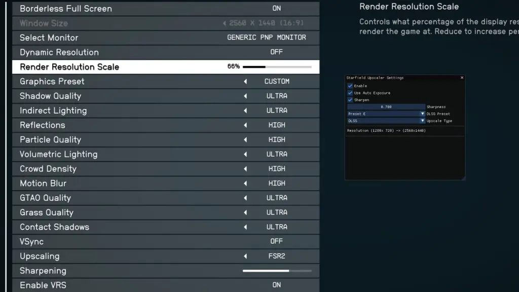 Starfield DLSS Mod Settings screen