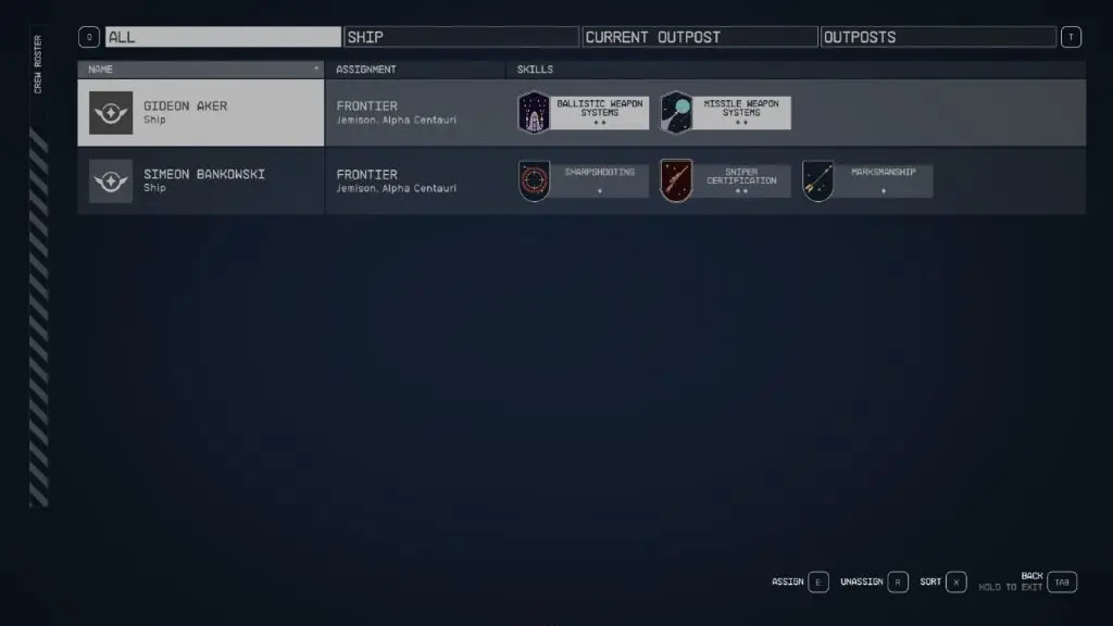 An image of the Crew menu screen in Starfield.