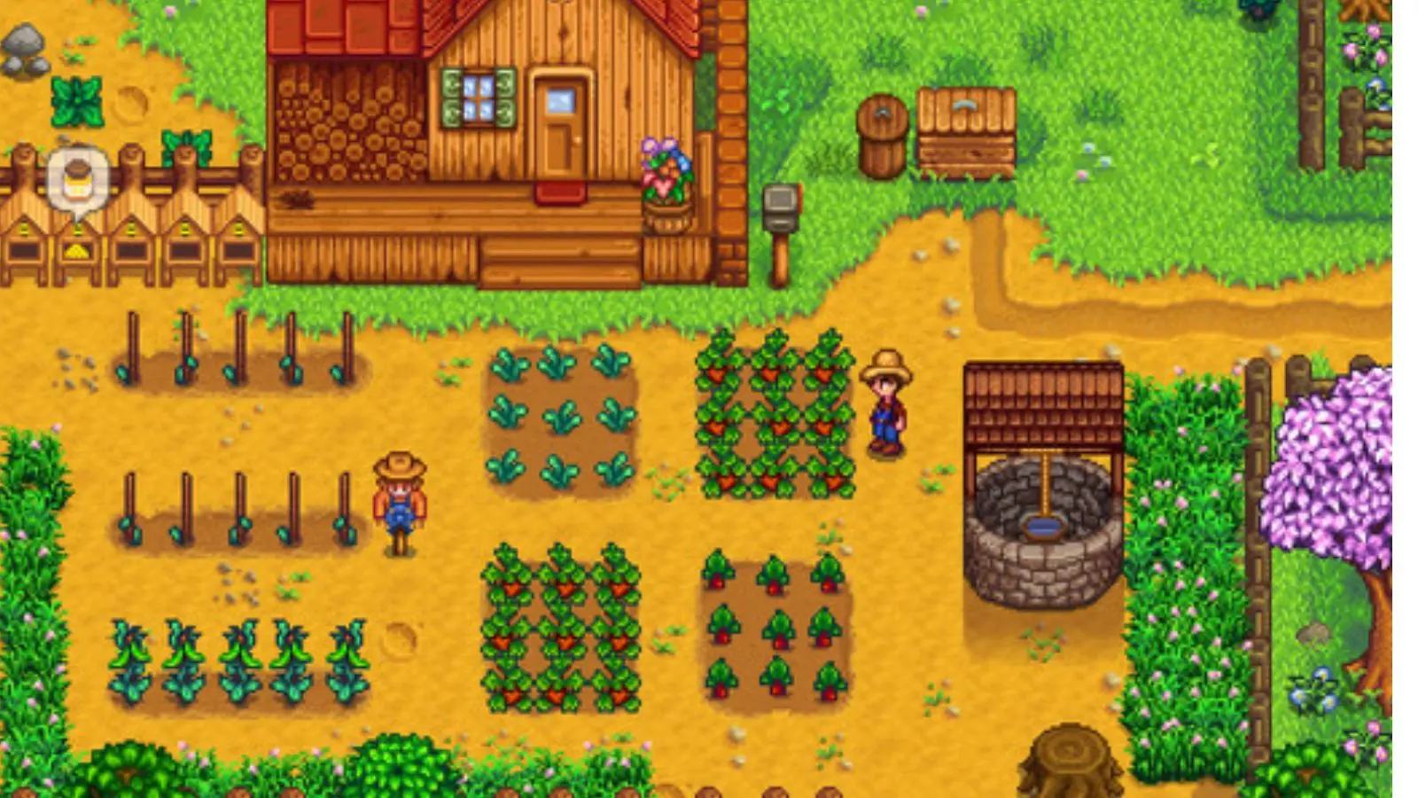 An image of Stardew Valley gameplay featuring a player on their farm.