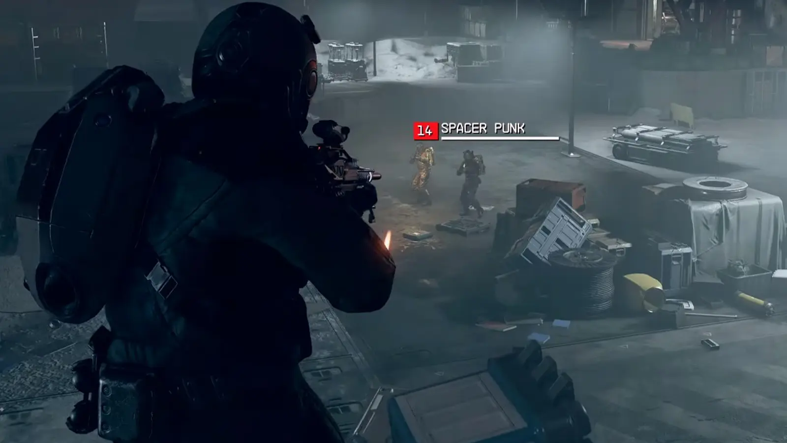 an image of a character from Starfield shooting an enemy while elevated