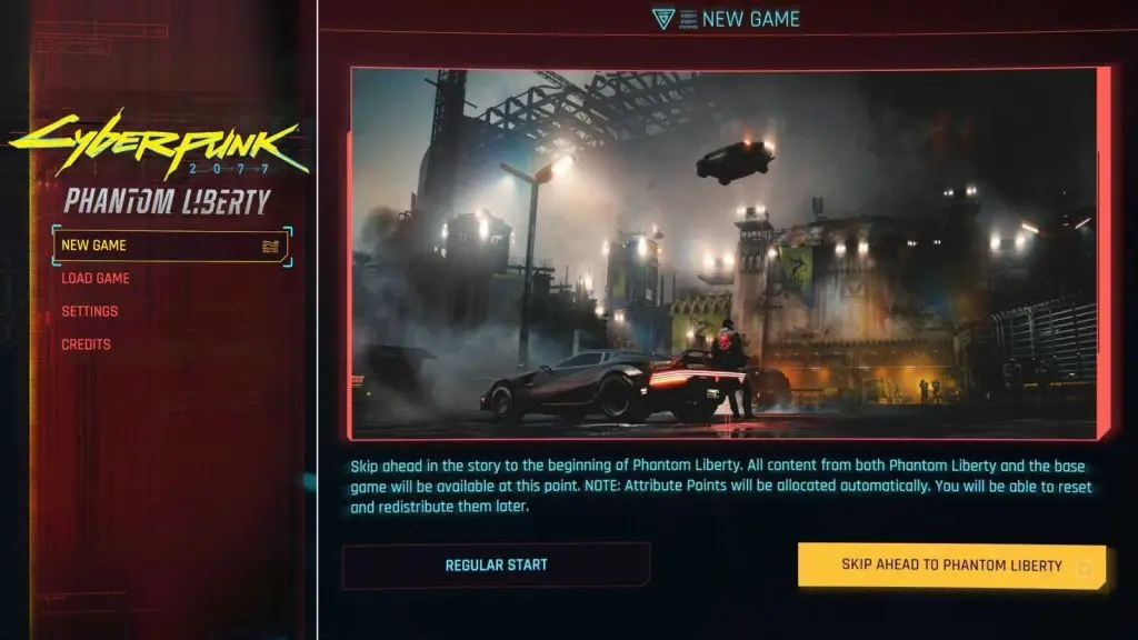 Main Menu of Cyberpunk 2077 Phantom Liberty