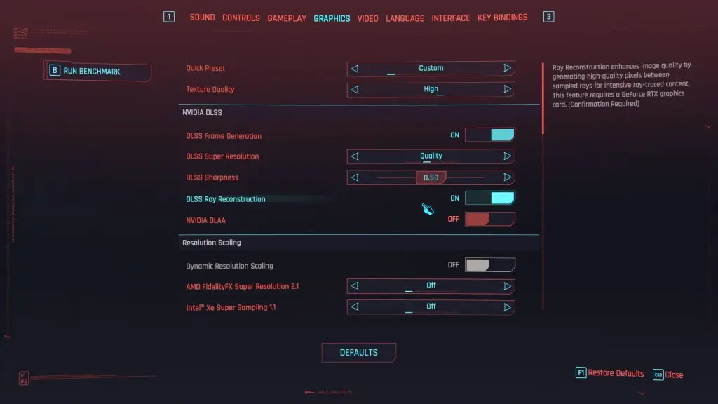 Cyberpunk 2077 settings menu 