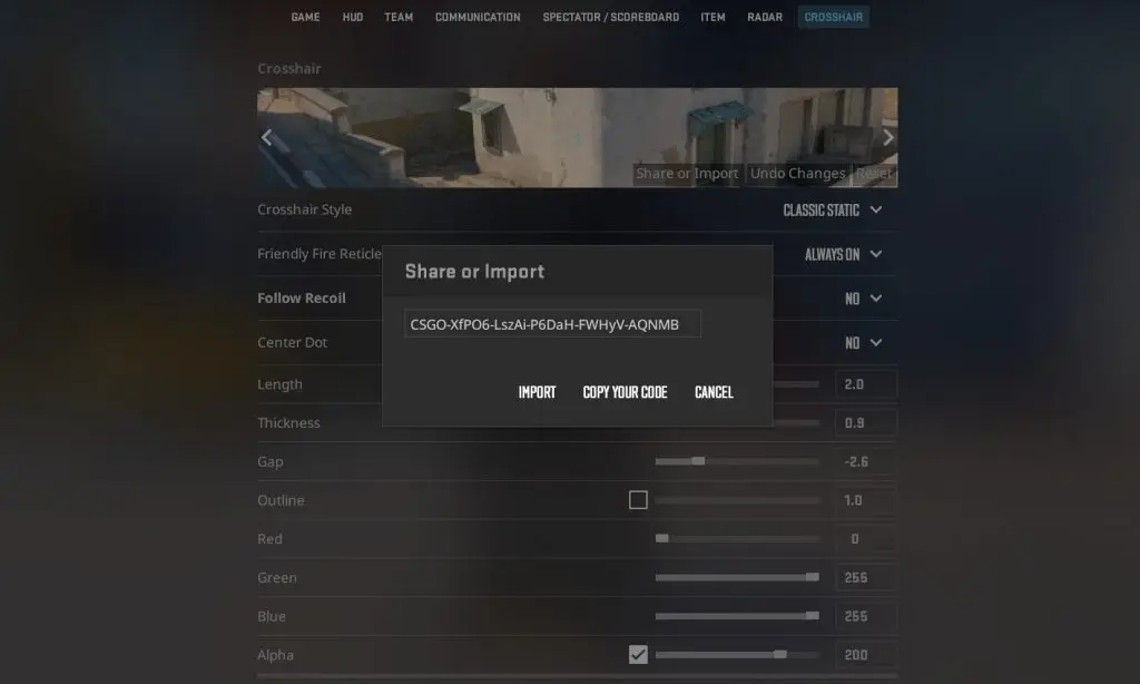 cs2 import crosshair code settings