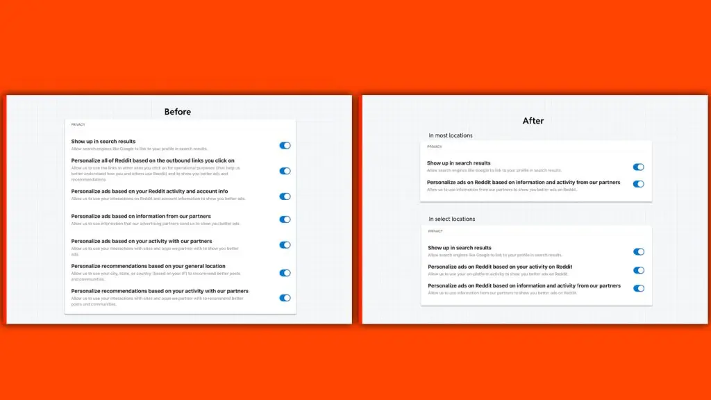 reddit new advertising before and after showing toggles removed