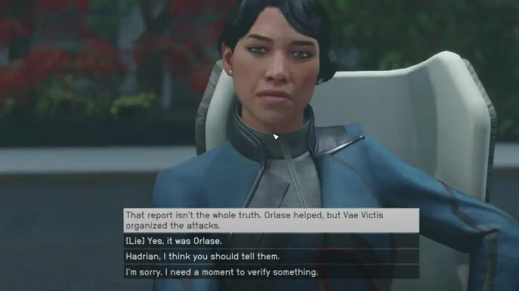 An image from Starfield featuring the player's options about Vae Victis.