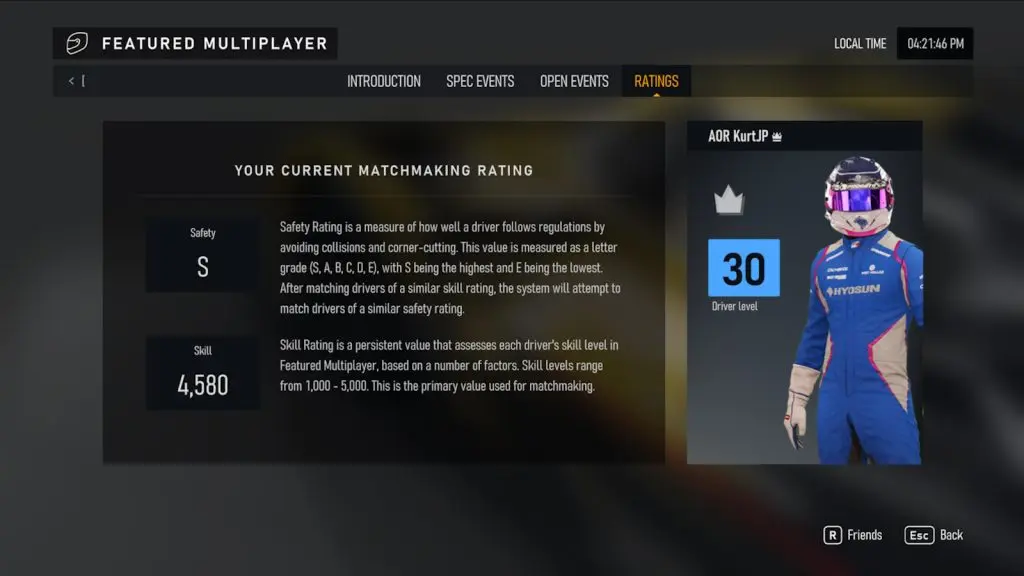 Player ratings for both skill rating and safety rating in forza motorsport multiplayer.