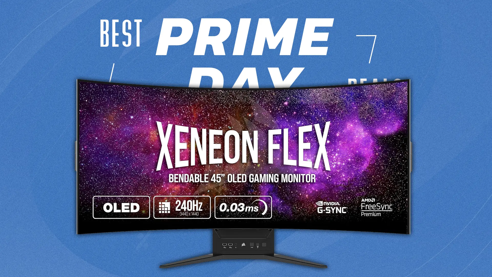 Xeneon Flex monitor from Corsair on top of standard thumbnail saying best prime day sales on a blue background