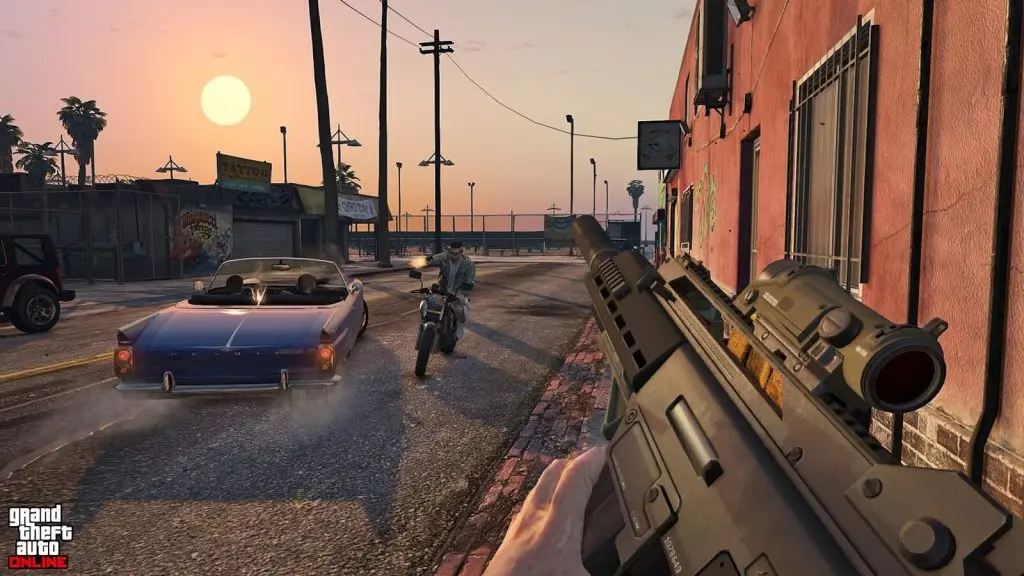 A player points a gun in first person (GTA 6 story)